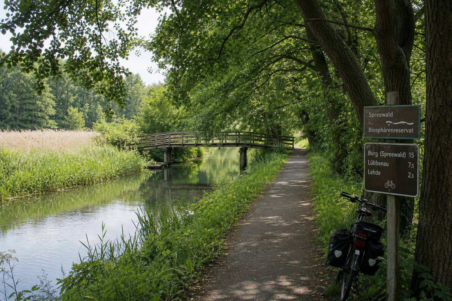 Radweg parallel zu einem Spreewaldkanal unter Erlen